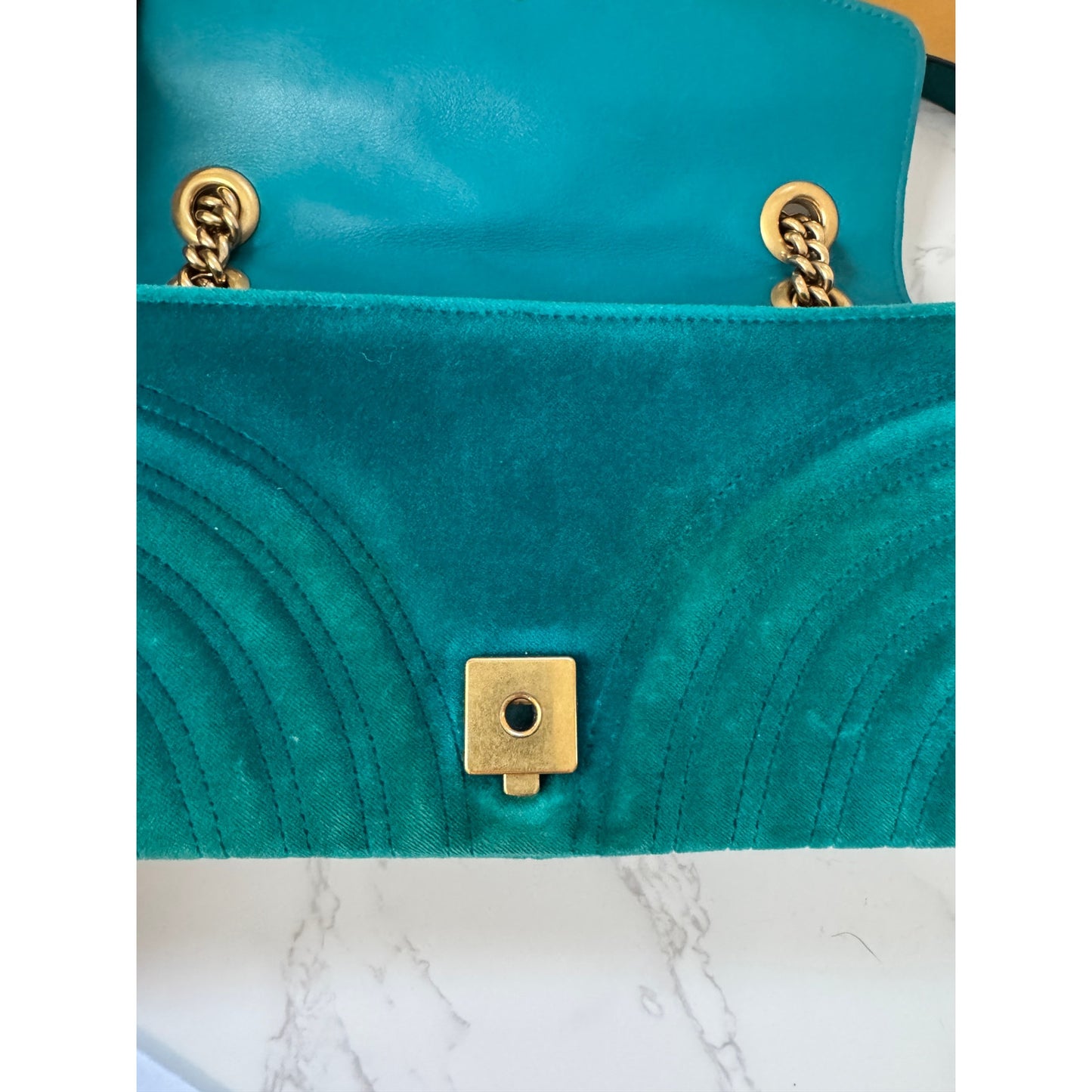 Gucci GG Marmont Velvet Shoulder Bag in a Gorgeous Green Teal Colorway