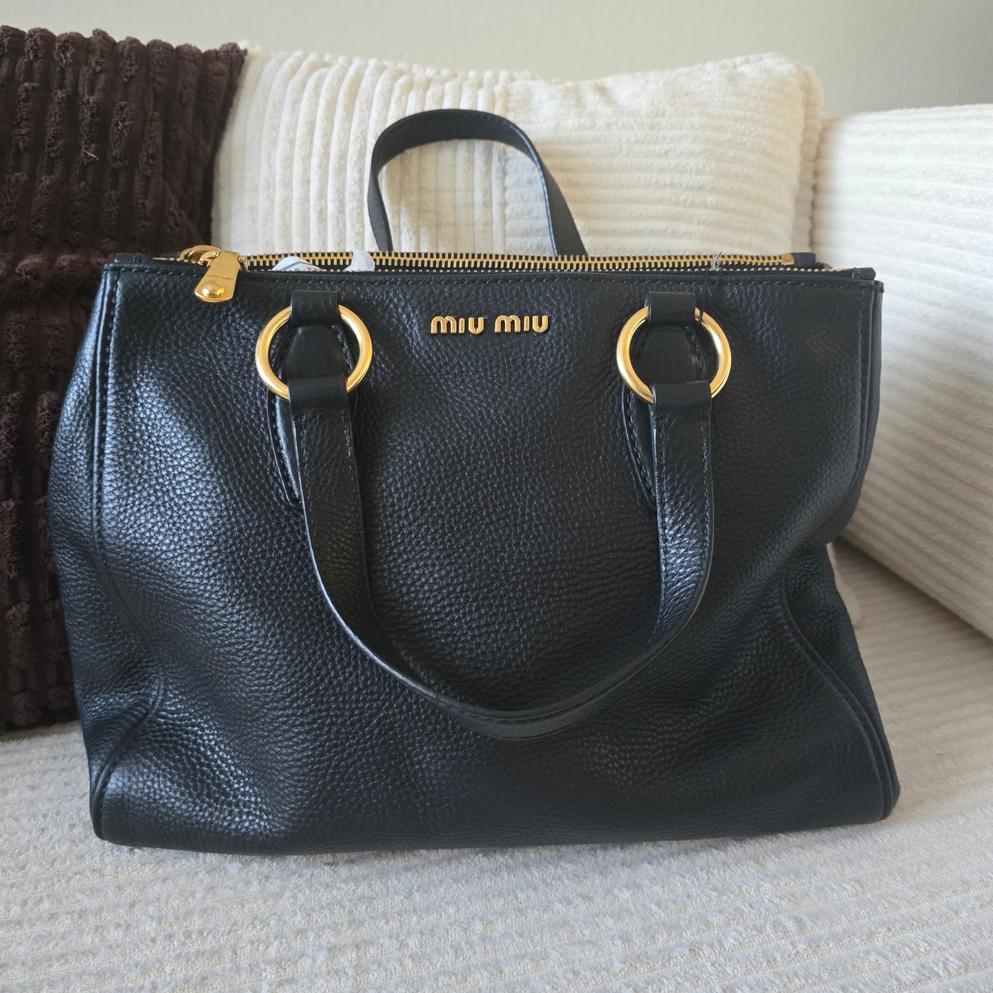 Miu Miu Black Vitello Caribu Leather Double Zip Large Tote Bag Gold