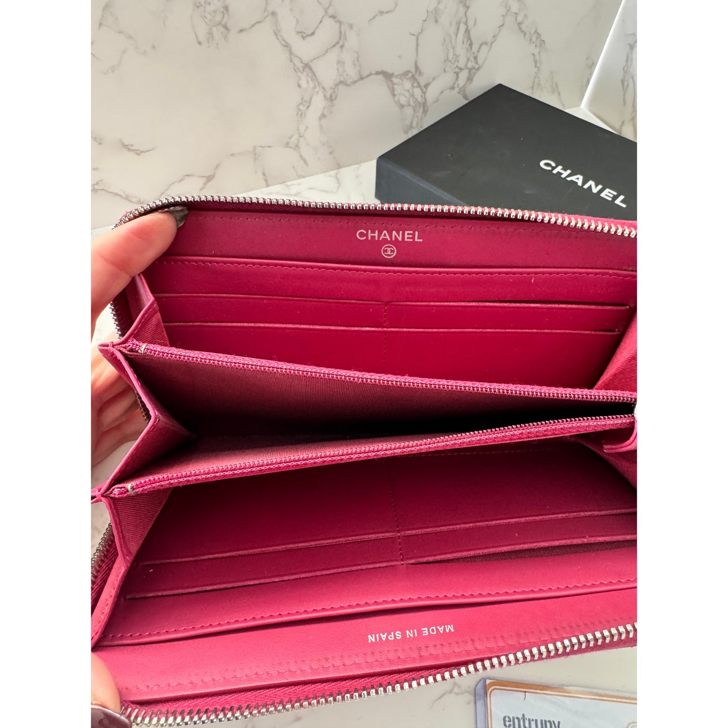 Chanel Red Quilted Patent Leather Zip Around Wallet w/Silver Tone CC