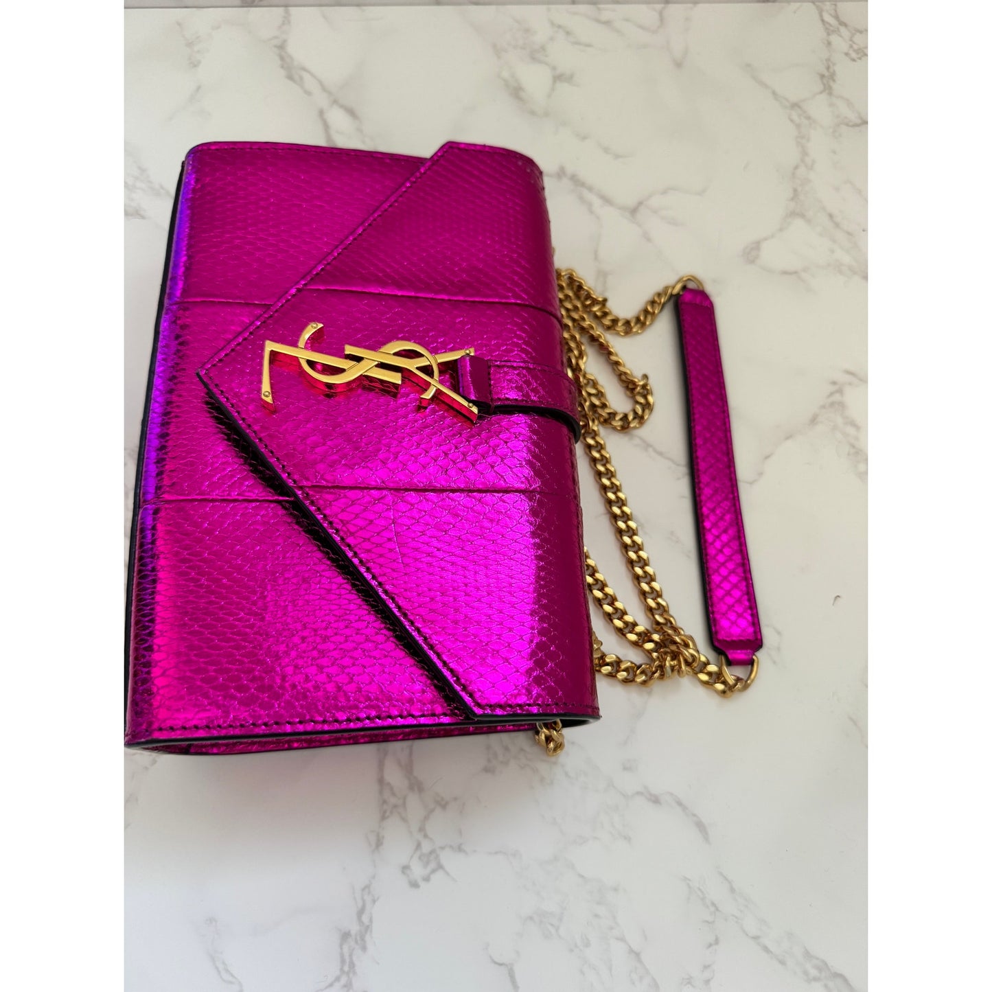 YSL Metallic Small Kate Snakeskin Fuchsia Pink Chain Crossbody, Rare!