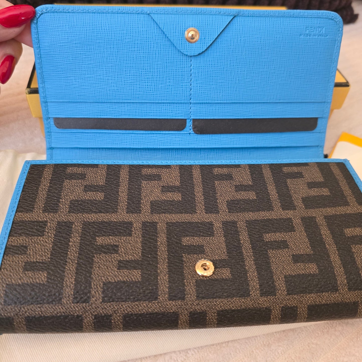 Fendi Zucca FF Monogram Continental Long Wallet Blue Leather Trim Box NWT