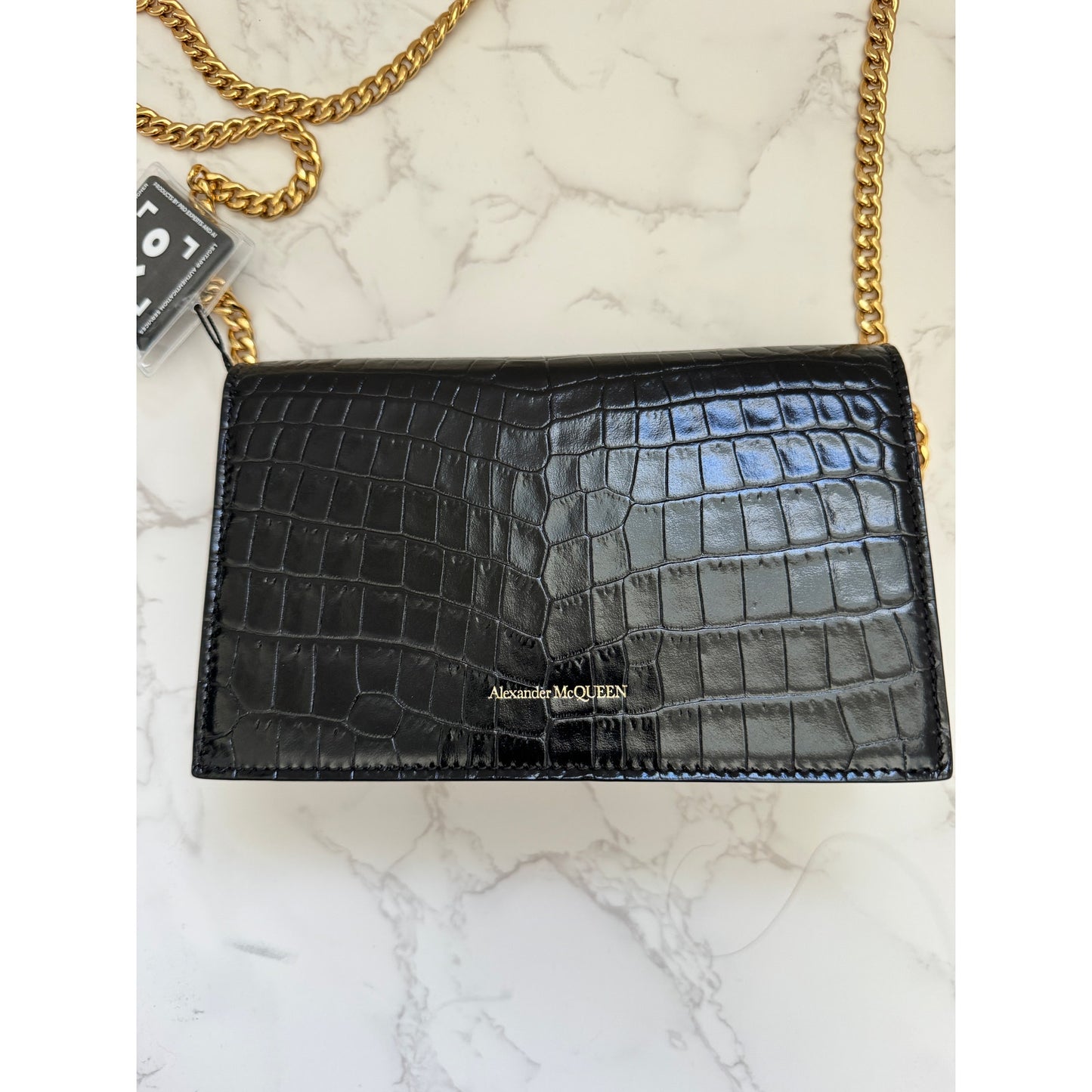 Alexander MCQueen Small Black Croc Embossed Leather Bag