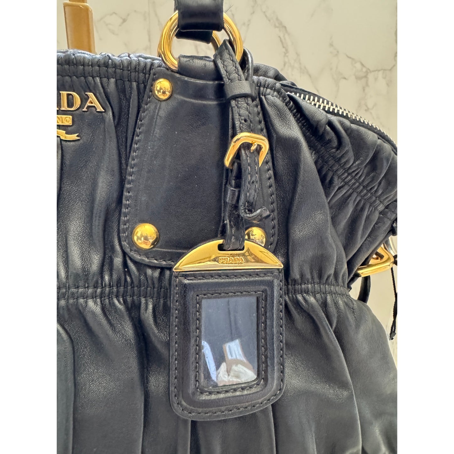 Prada Black Nappa Gaufre Ruched Leather Bag with GHW
