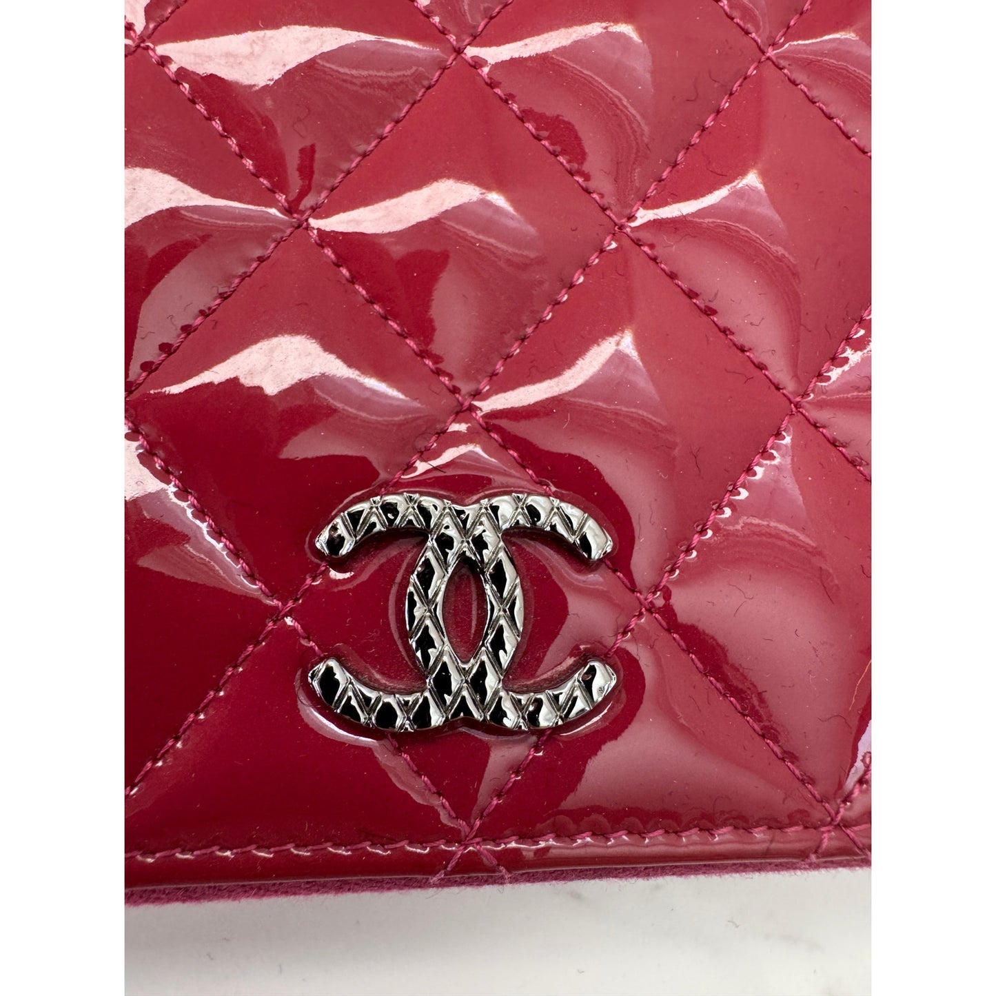Chanel Red Quilted Patent Leather Zip Around Wallet w/Silver Tone CC