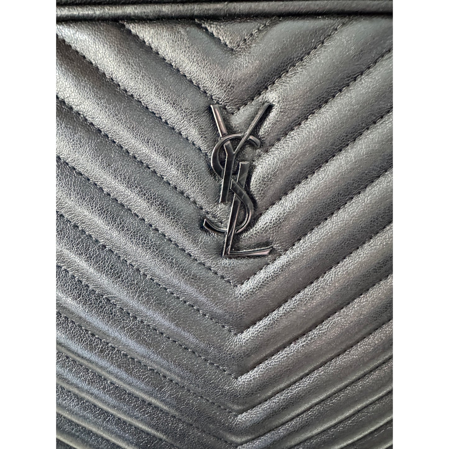 Yves Saint Laurent Large Lou Camera Bag in Black Chevron Calfskin