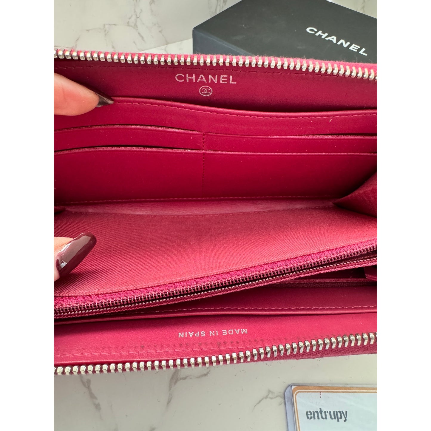 Chanel Red Quilted Patent Leather Zip Around Wallet w/Silver Tone CC