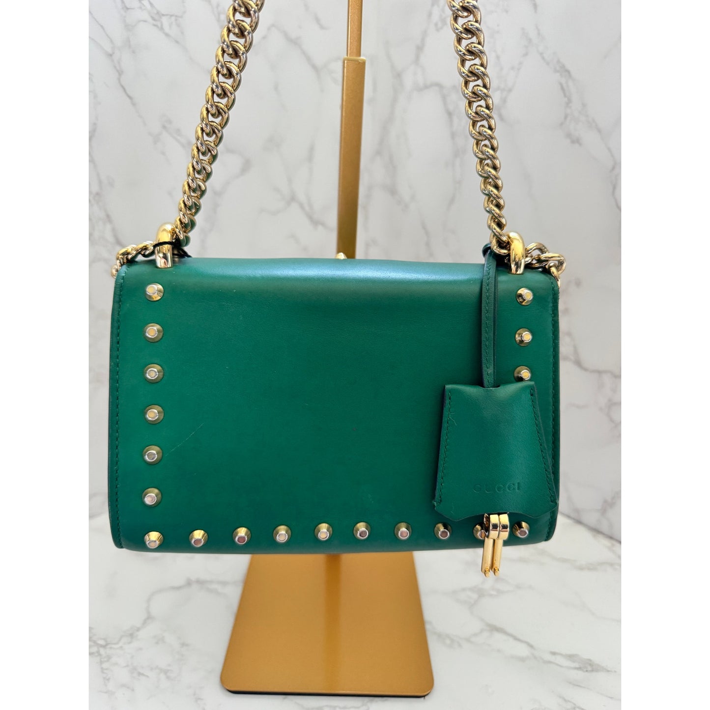 Gucci Green Pearl Studded Padlock Bag in Calfskin Leather