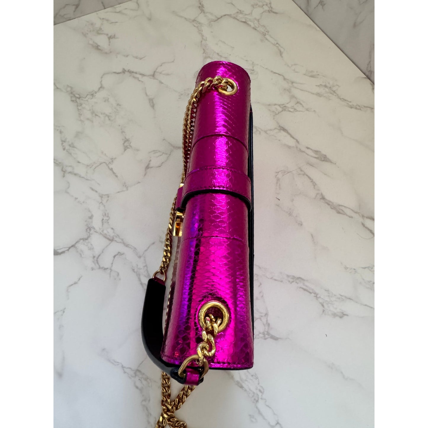 YSL Metallic Small Kate Snakeskin Fuchsia Pink Chain Crossbody, Rare!