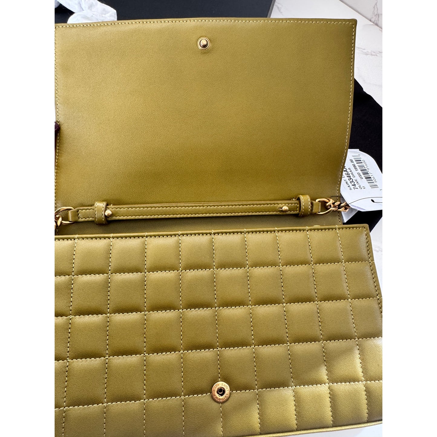 YSL Quilted Carre Cassandre Chain Wallet in Olive Green