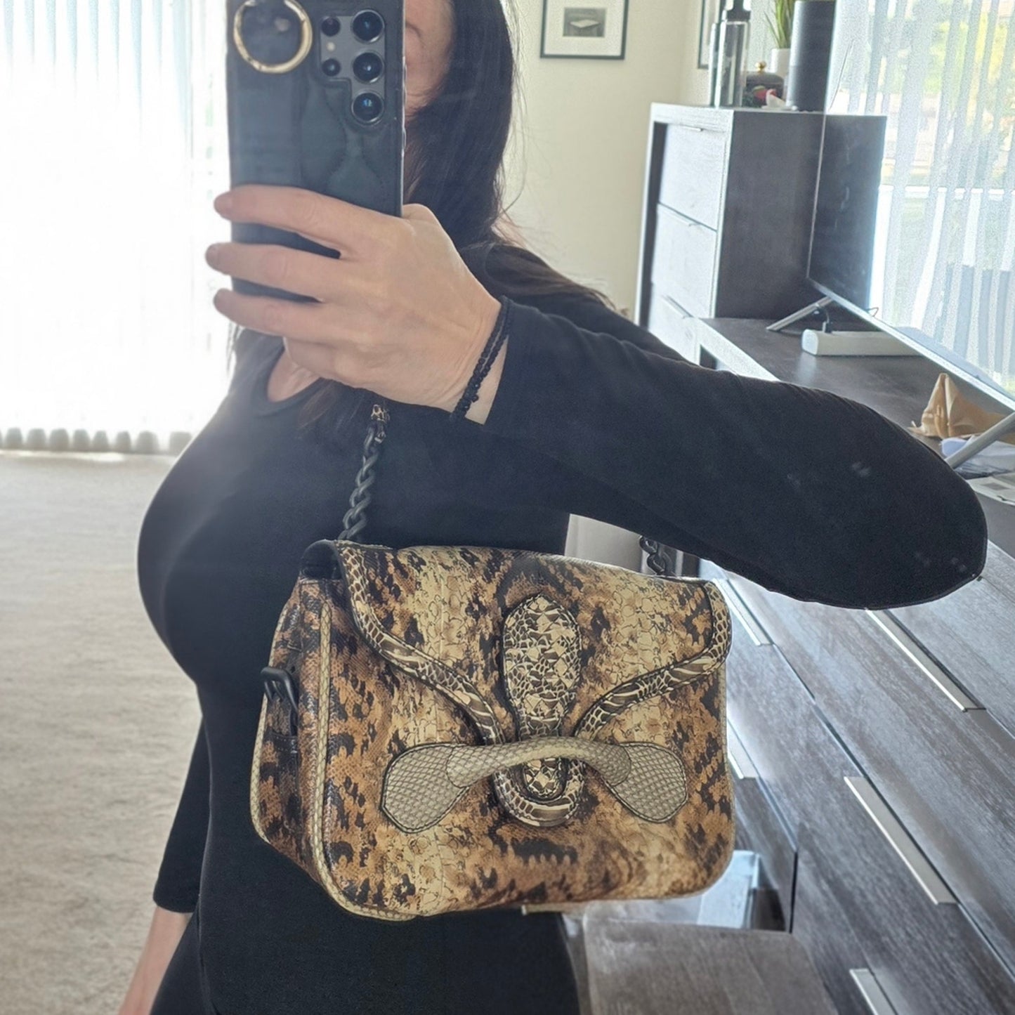Bottega Veneta Snake Leather Shoulder Bag in Brown and Tan