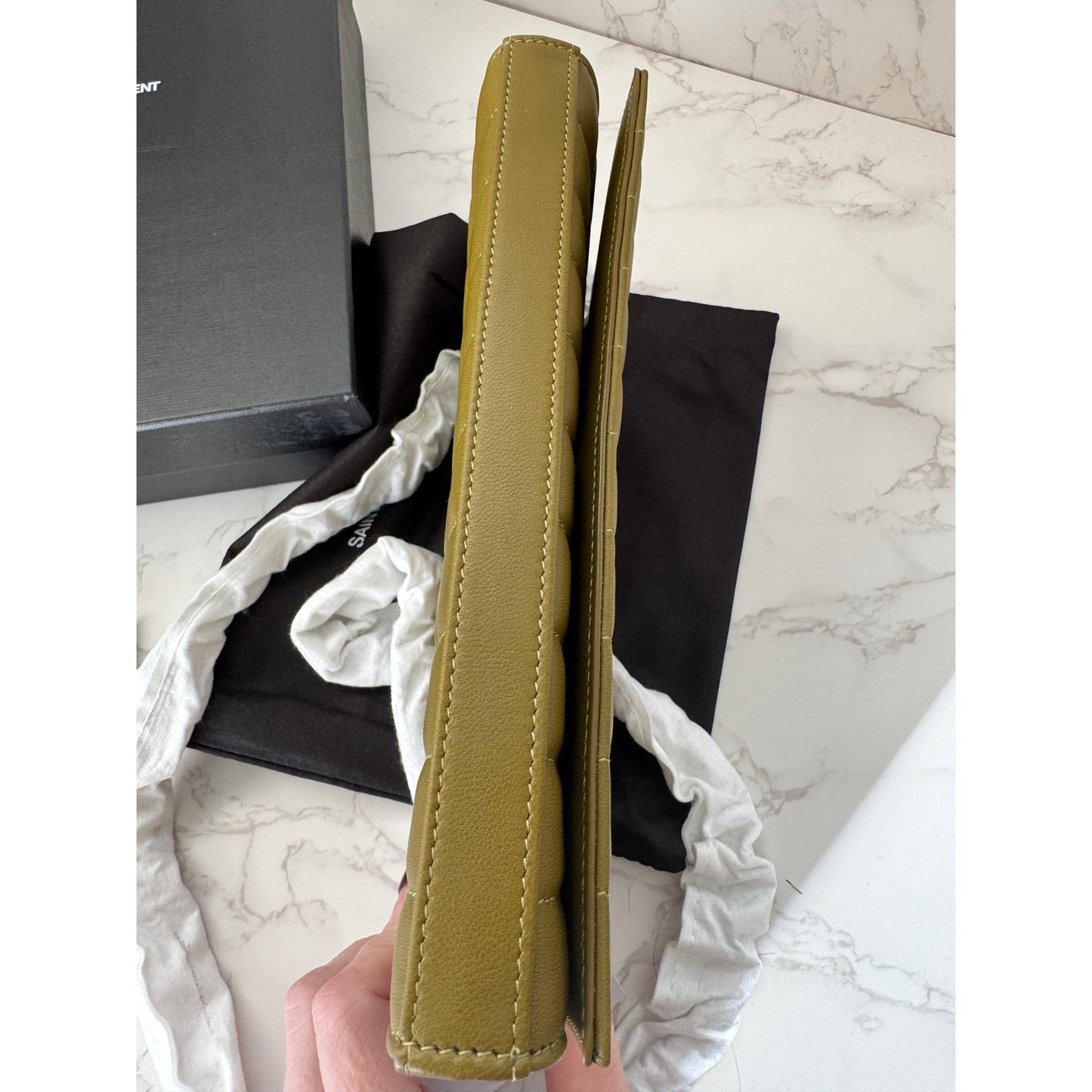 YSL Quilted Carre Cassandre Chain Wallet in Olive Green
