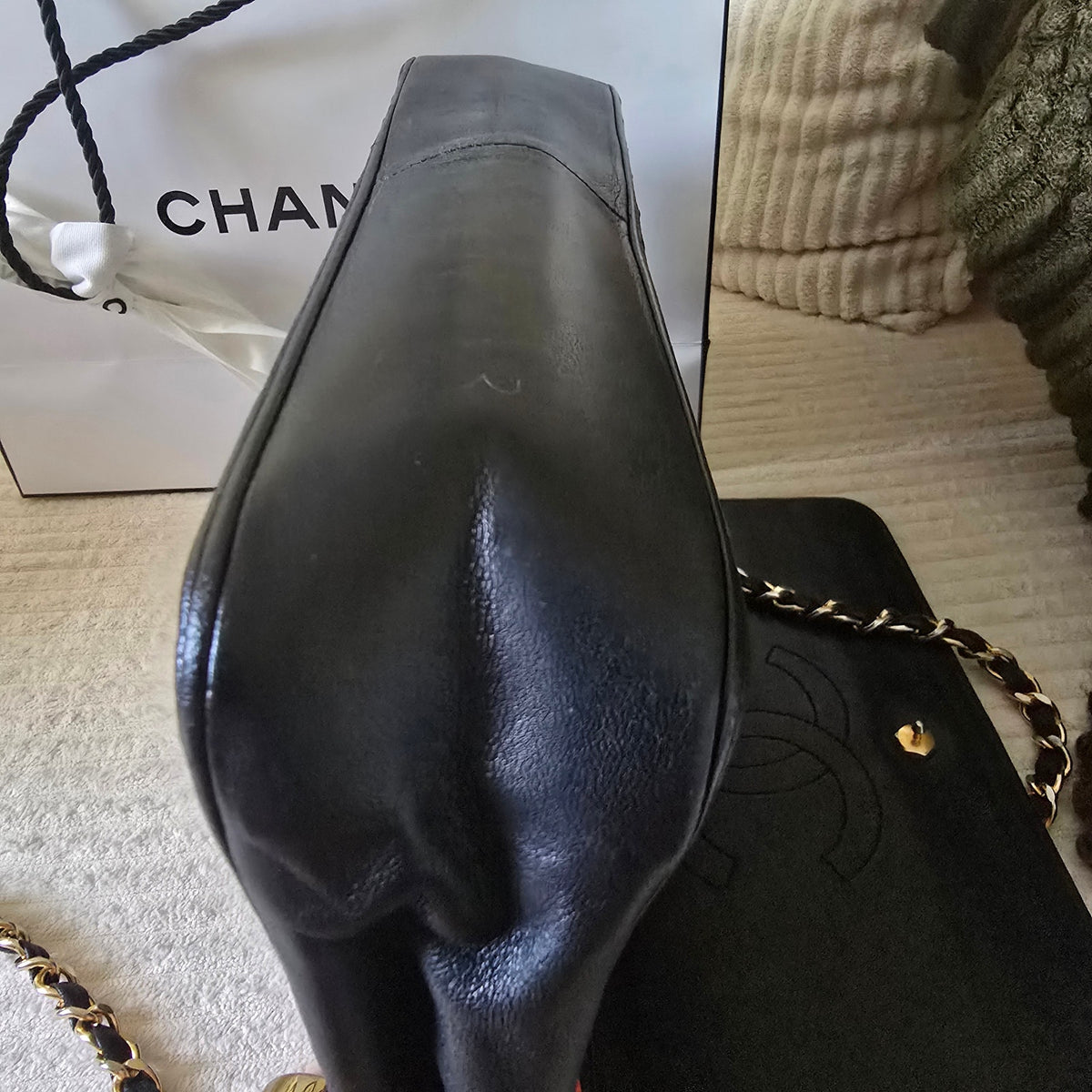 CHANEL Vintage Black Lambskin Diagonal Stitch Chain Flap Bag GHW
