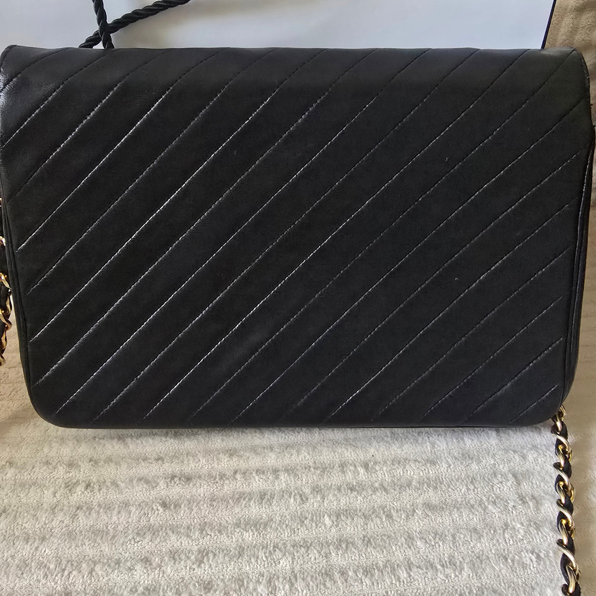 CHANEL Vintage Black Lambskin Diagonal Stitch Chain Flap Bag GHW