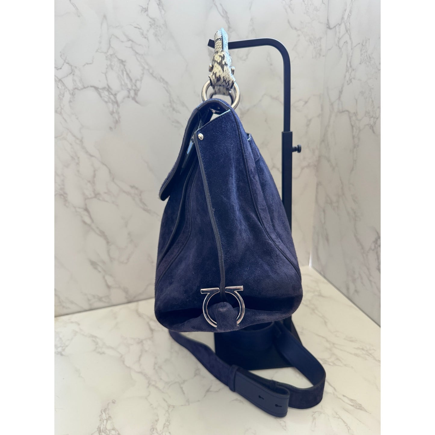 Salvatore Ferragamo Blue Suede and Exotic Python Top Handle Sophia Bag