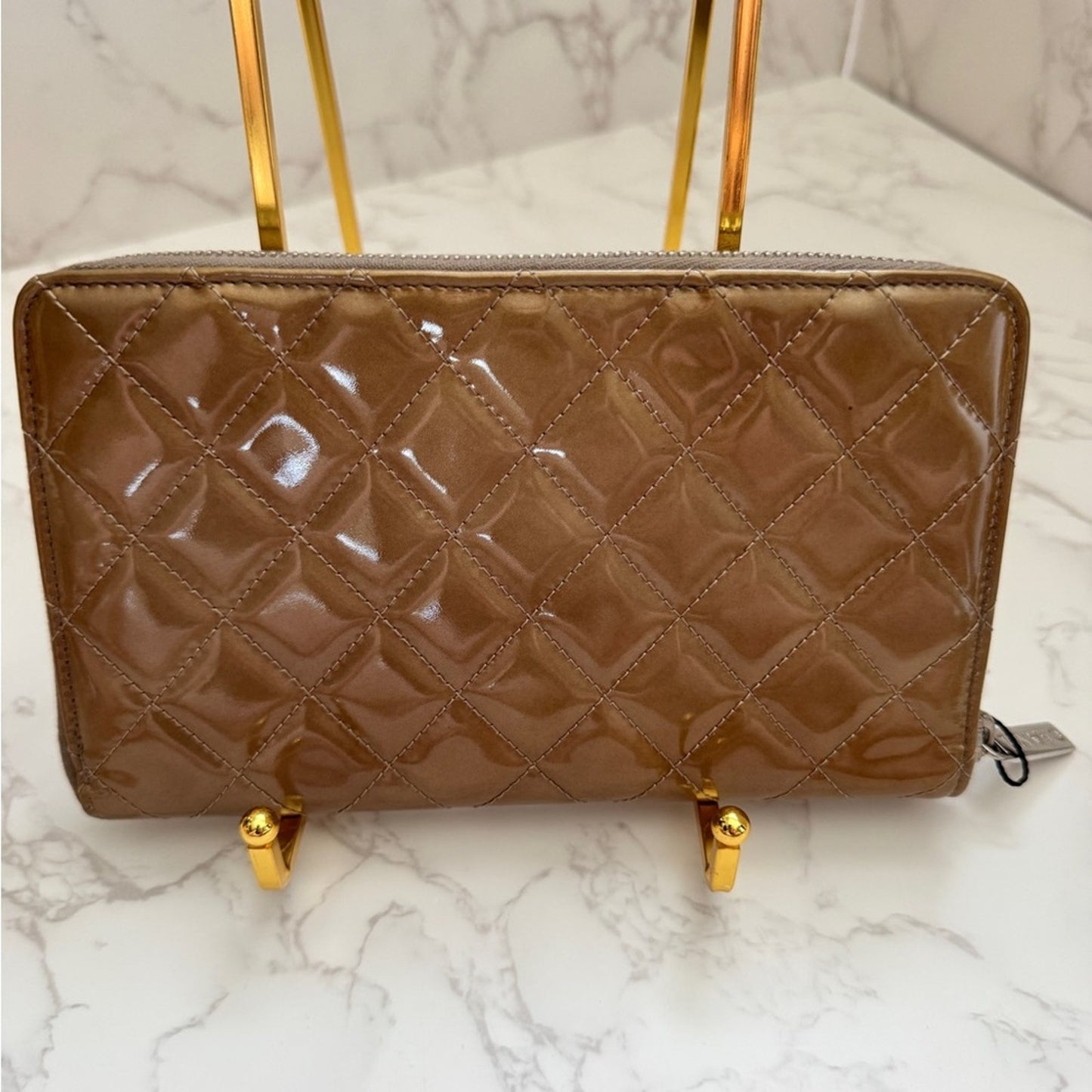 Chanel Quilted Patent Leather Zip Around Wallet - Bronze/Brown