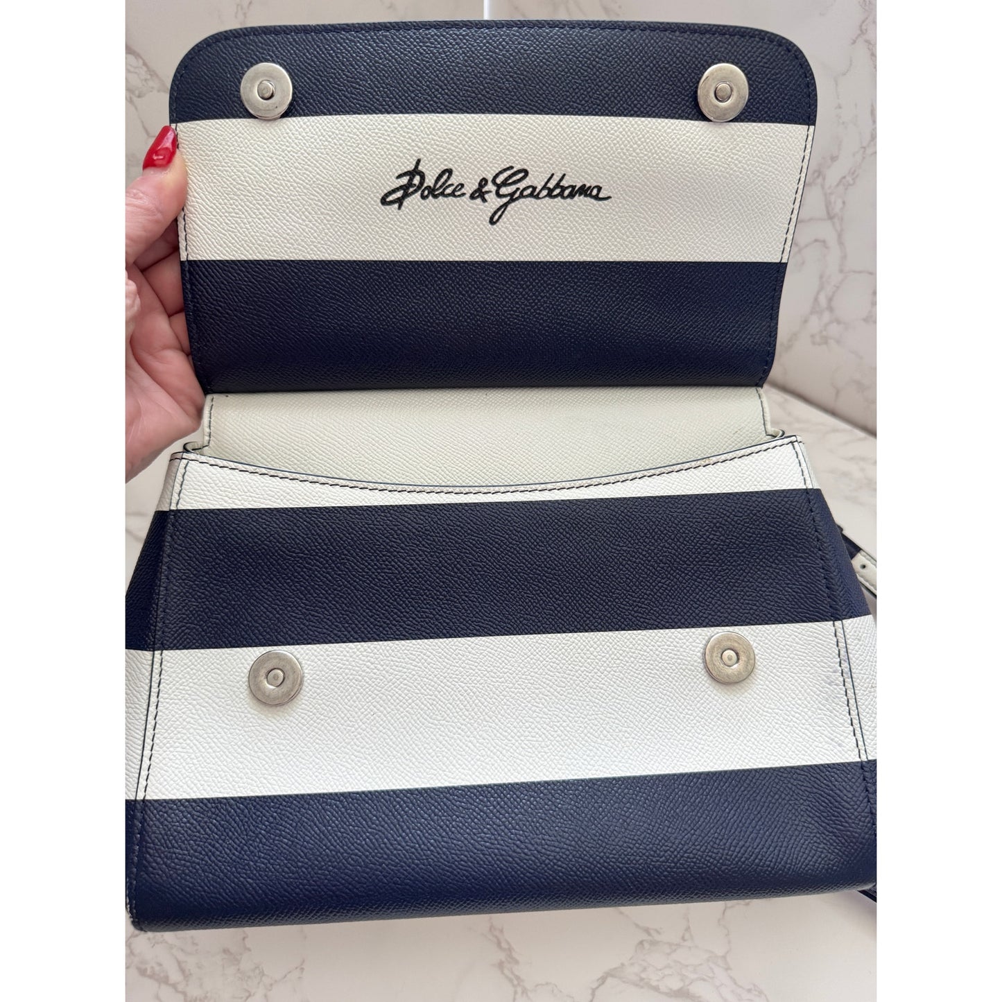 Dolce & Gabbana Siciy Striped Dauphine Leather Bag -  Navy/White