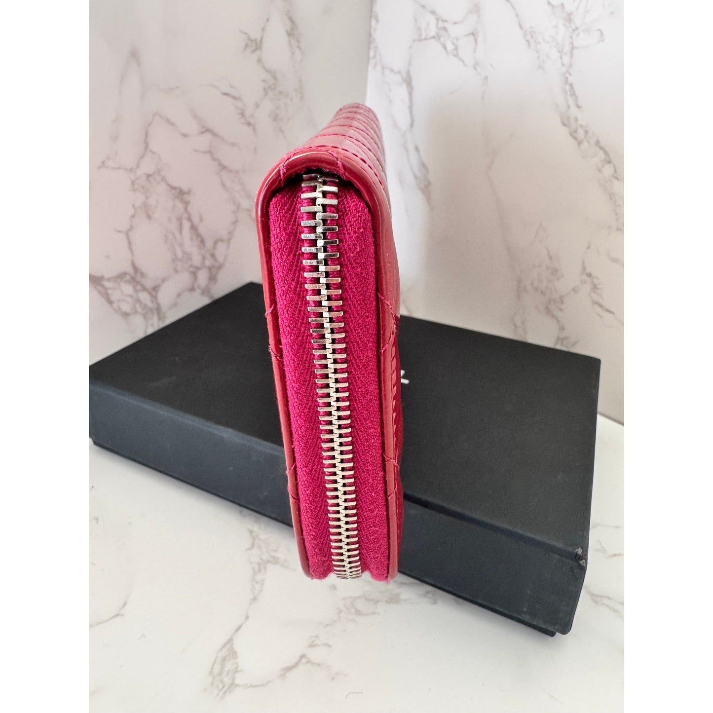 Chanel Red Quilted Patent Leather Zip Around Wallet w/Silver Tone CC