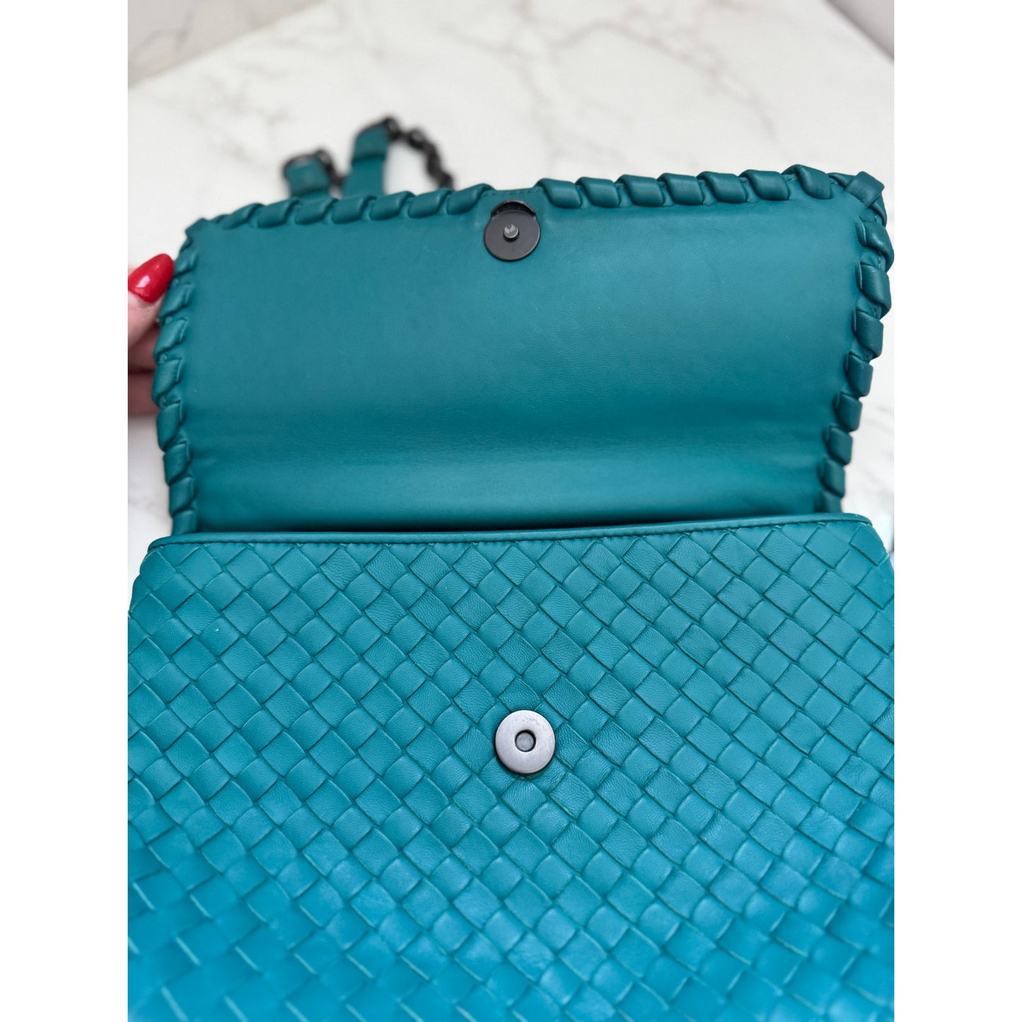 Bottega Veneta Intrecciato Olimpia Shoulder Bag in Teal Blue