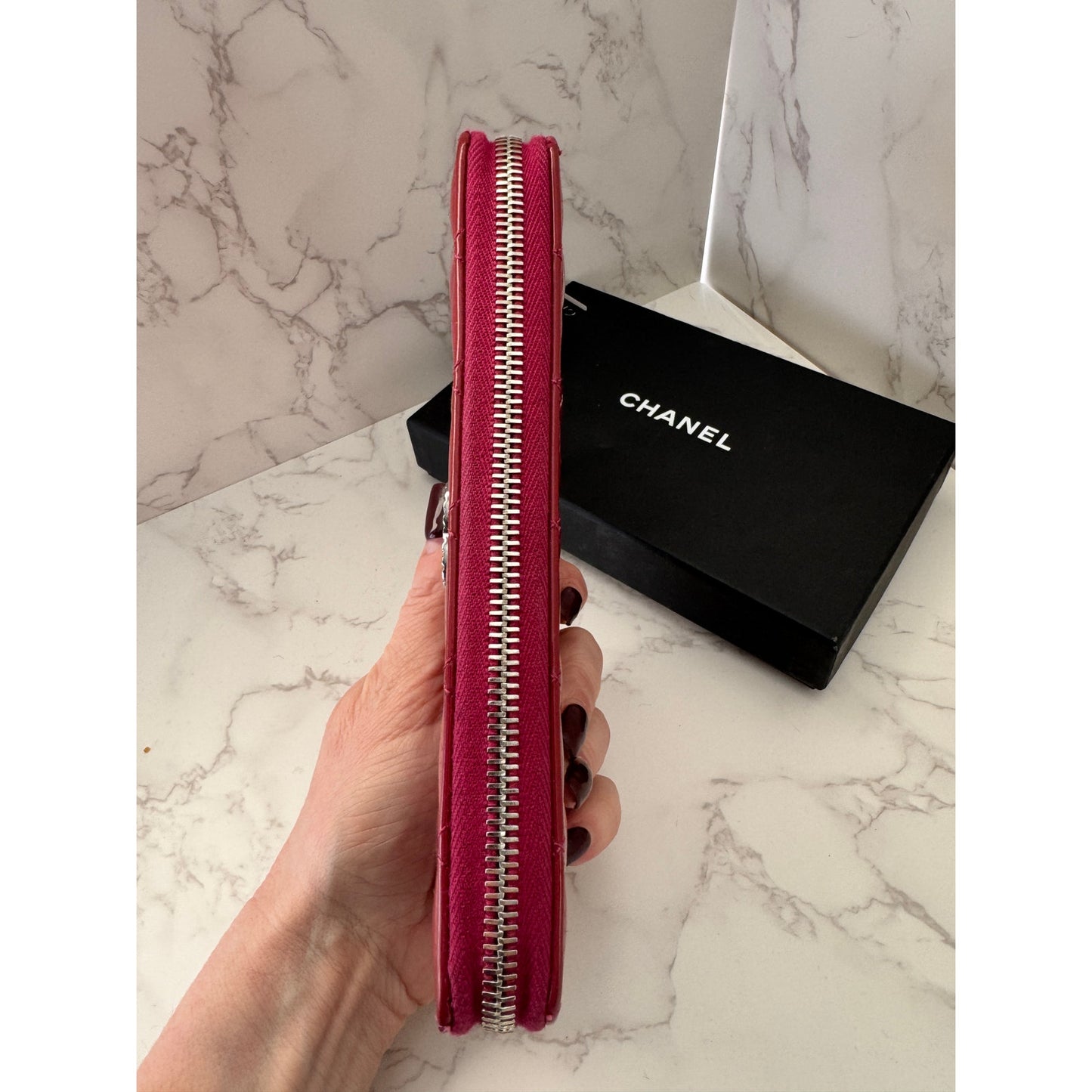 Chanel Red Quilted Patent Leather Zip Around Wallet w/Silver Tone CC