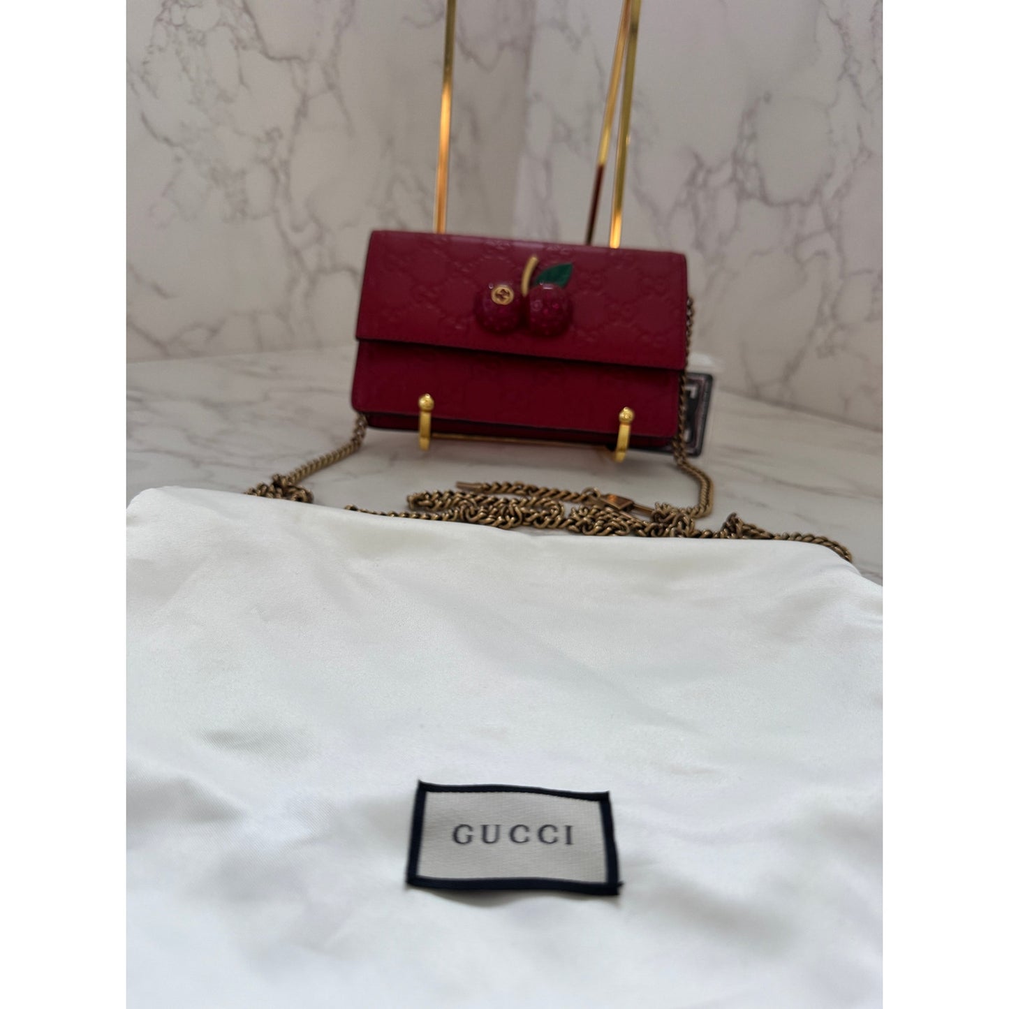 Gucci Guccissima Leather Mini Cherry Chain Shoulder Bag in Red