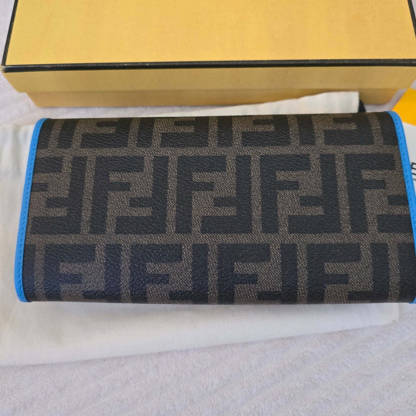Fendi Zucca FF Monogram Continental Long Wallet Blue Leather Trim Box NWT