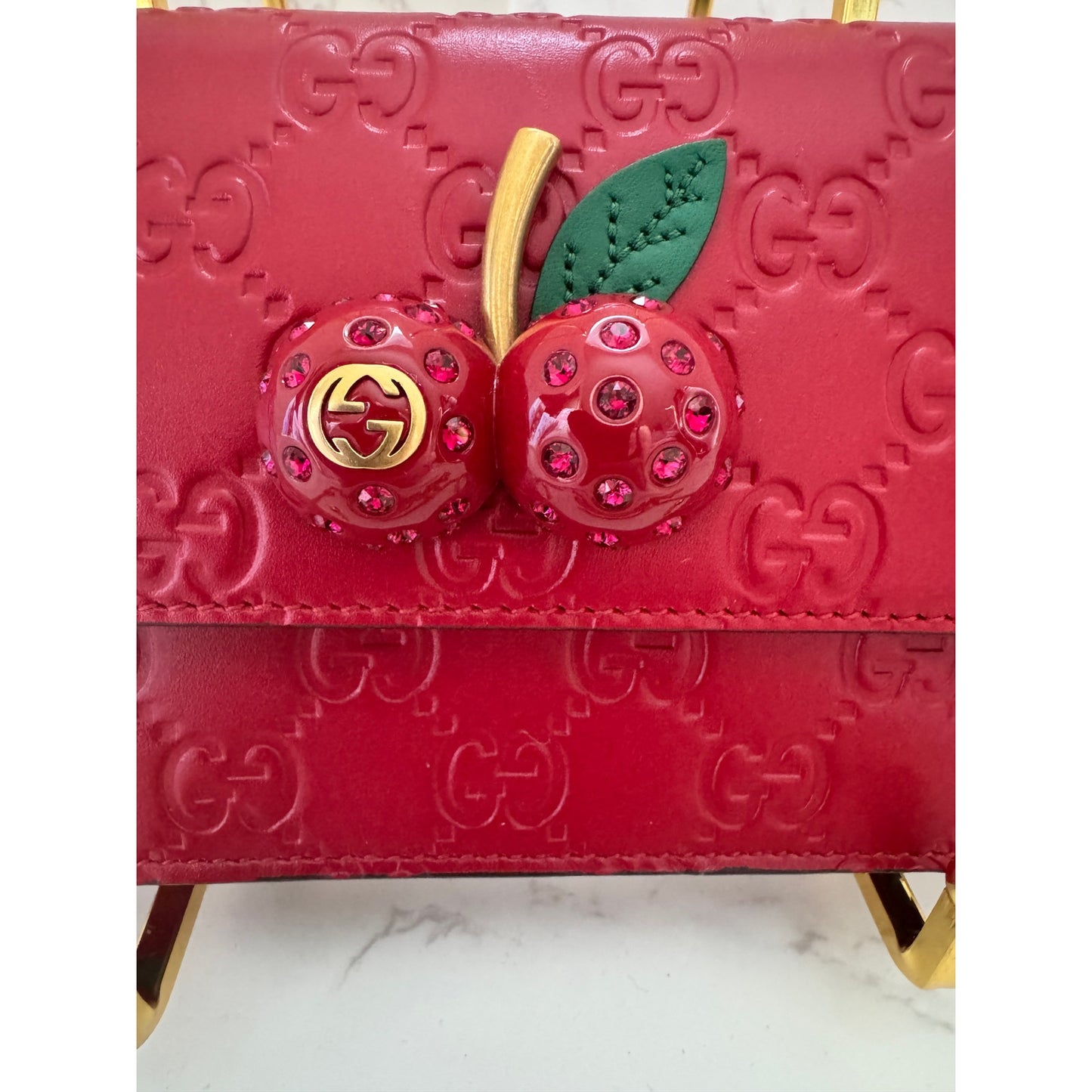Gucci Guccissima Leather Mini Cherry Chain Shoulder Bag in Red
