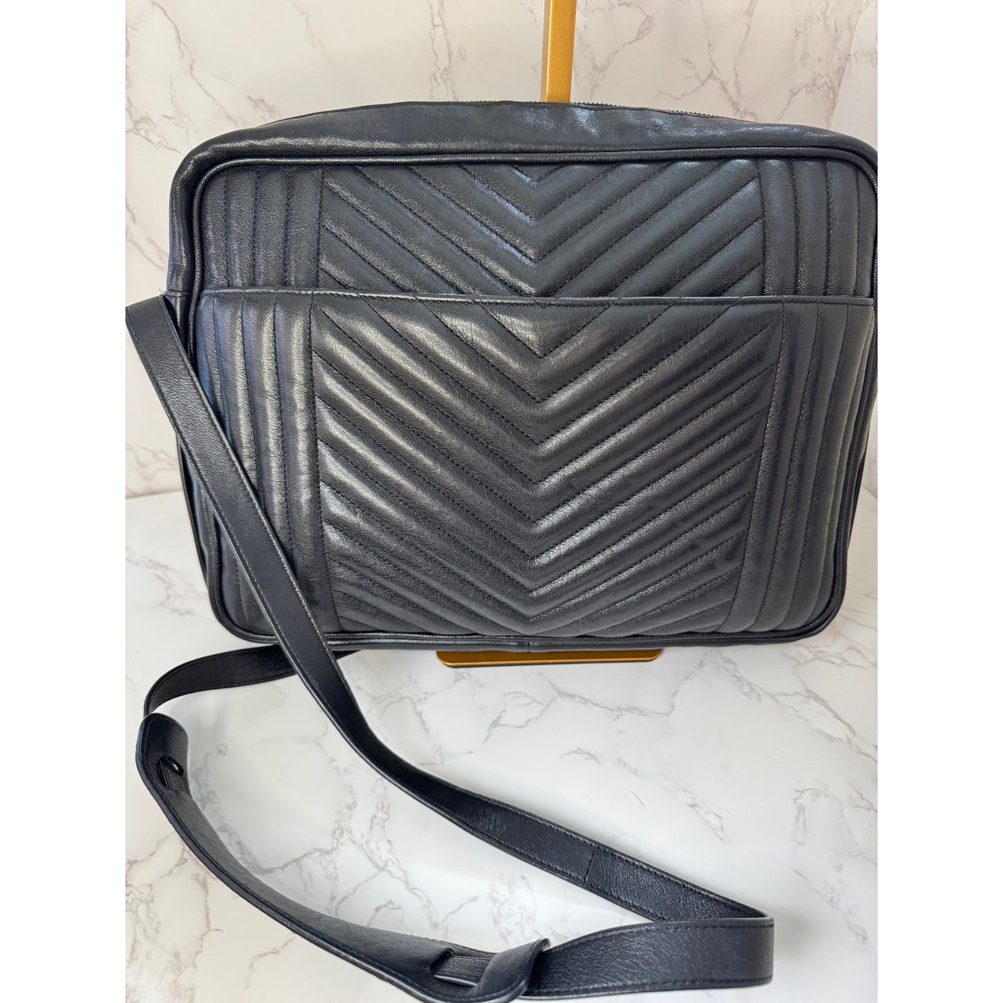 Yves Saint Laurent Large Lou Camera Bag in Black Chevron Calfskin