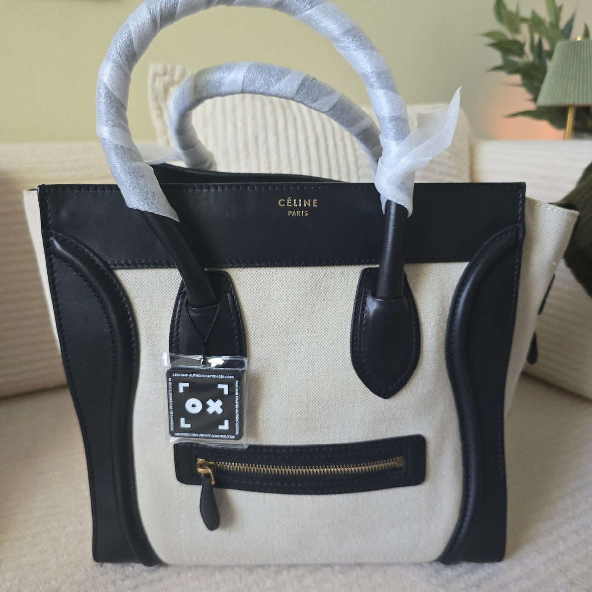 CELINE Mini Luggage Tote Canvas Black Leather Handbag
