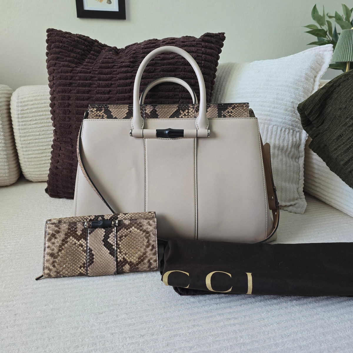 Gucci Beige Leather & Python Lady Bamboo Set + COA/Dust Bag. Like new condition
