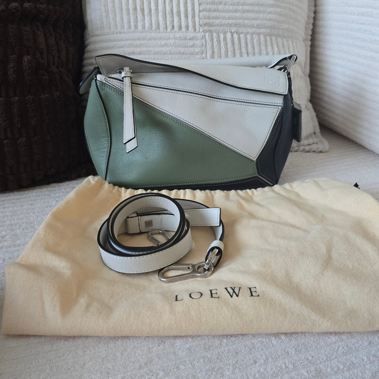 LOEWE Puzzle Bag Small Tricolor Green White Black Leather Crossbody