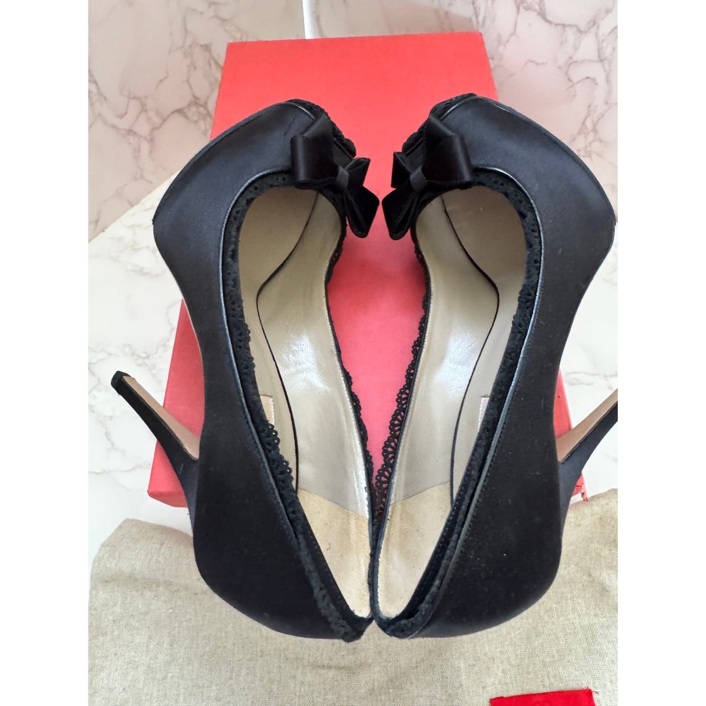 Valentino Garavani Lace Trimmed Satin Bow Peep Toe Heels Size 39