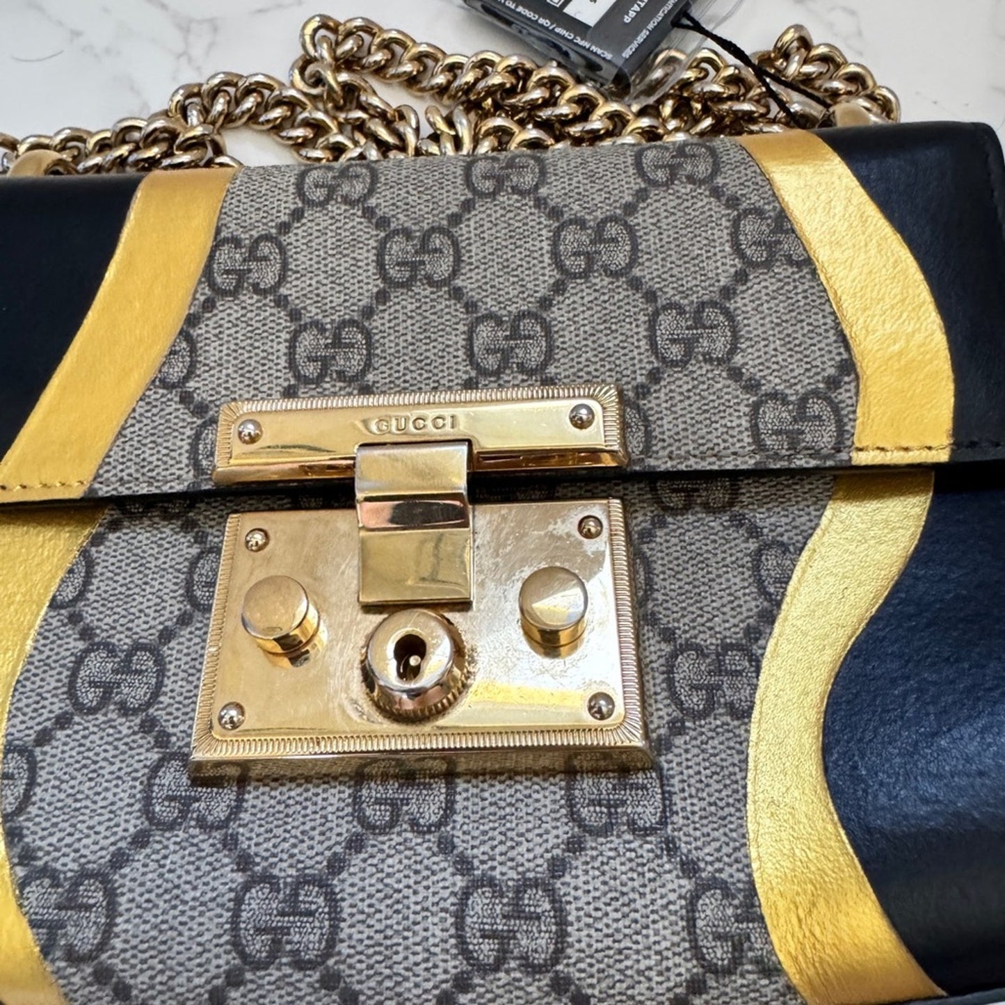 Gucci Padlock Calfskin GG Supreme Monogram Small Shoulder Bag Black Gold