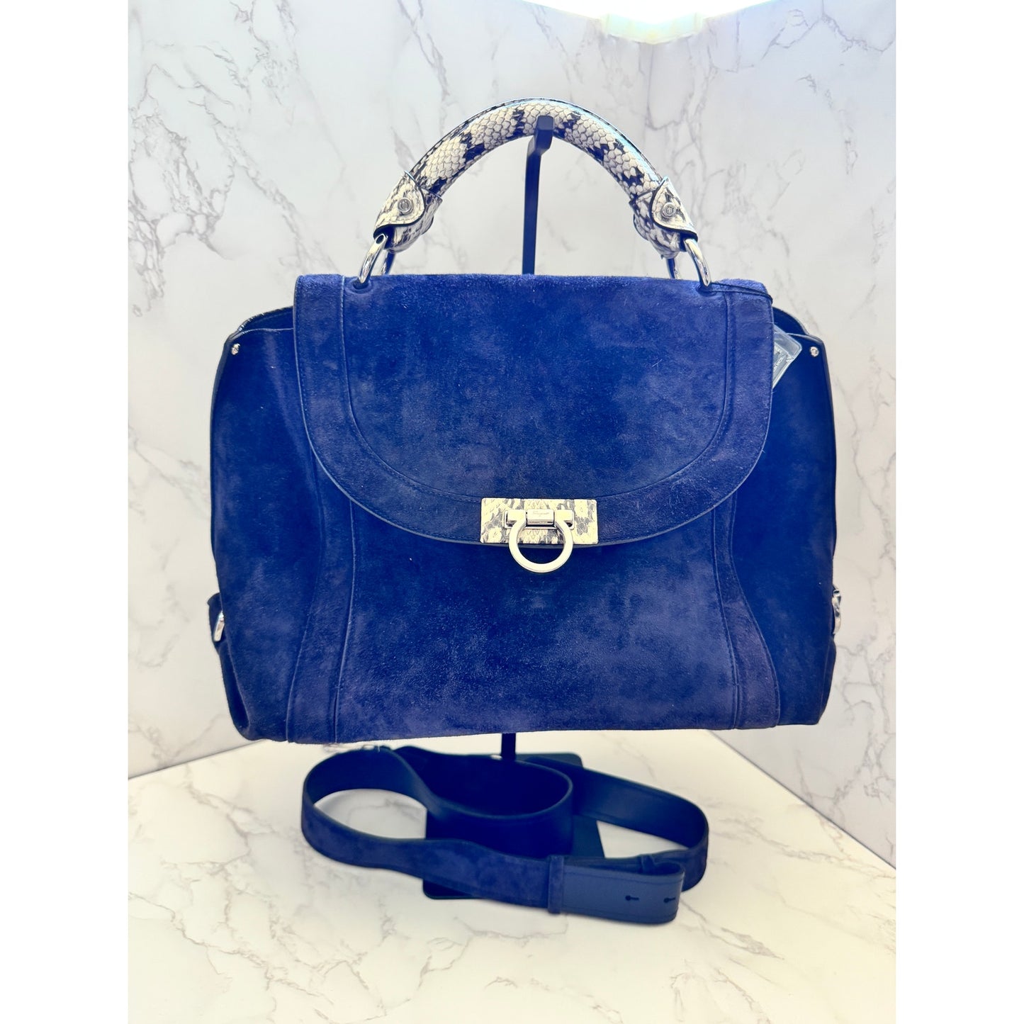 Salvatore Ferragamo Blue Suede and Exotic Python Top Handle Sophia Bag
