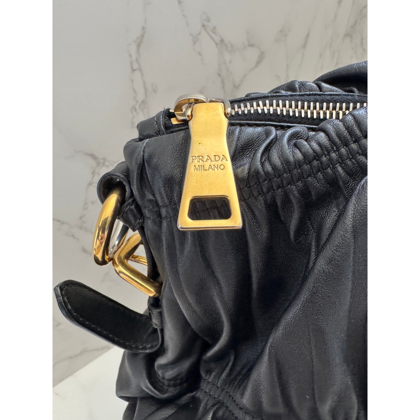 Prada Black Nappa Gaufre Ruched Leather Bag with GHW