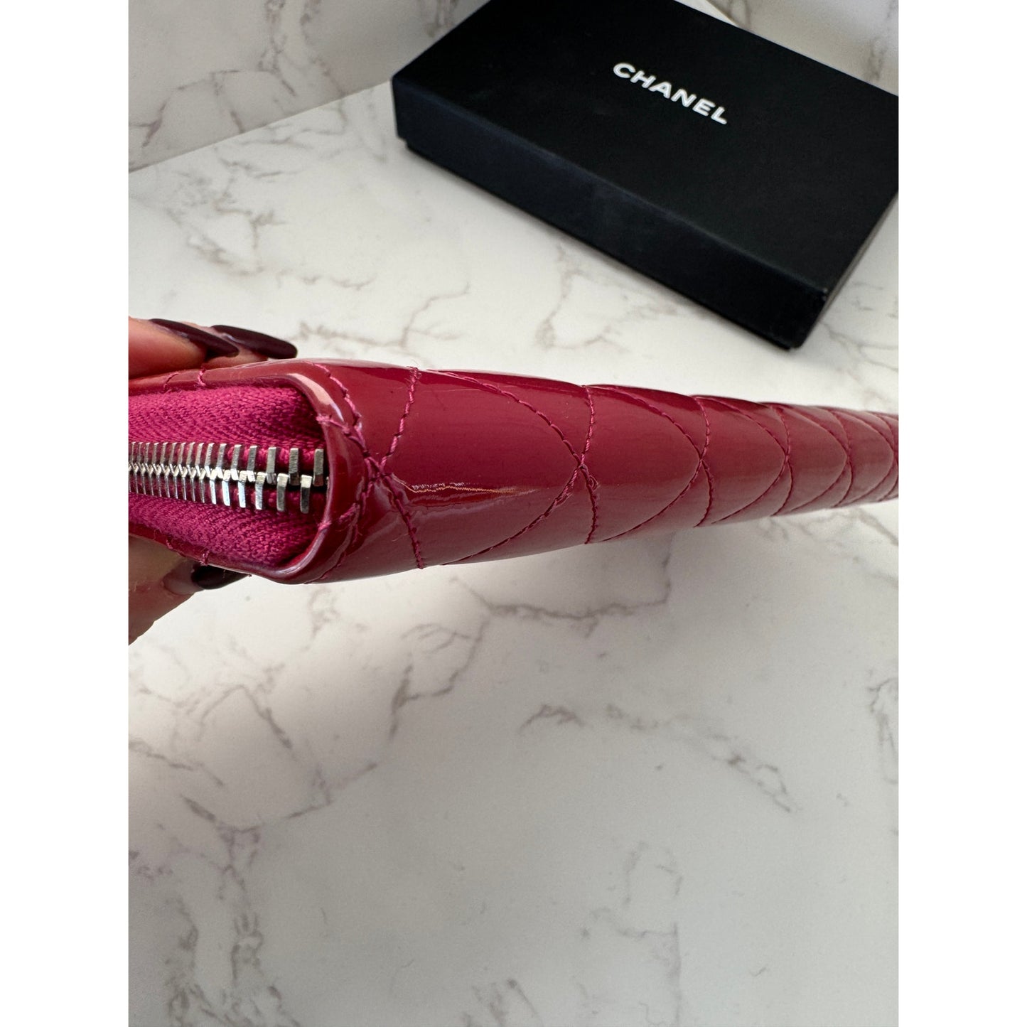 Chanel Red Quilted Patent Leather Zip Around Wallet w/Silver Tone CC