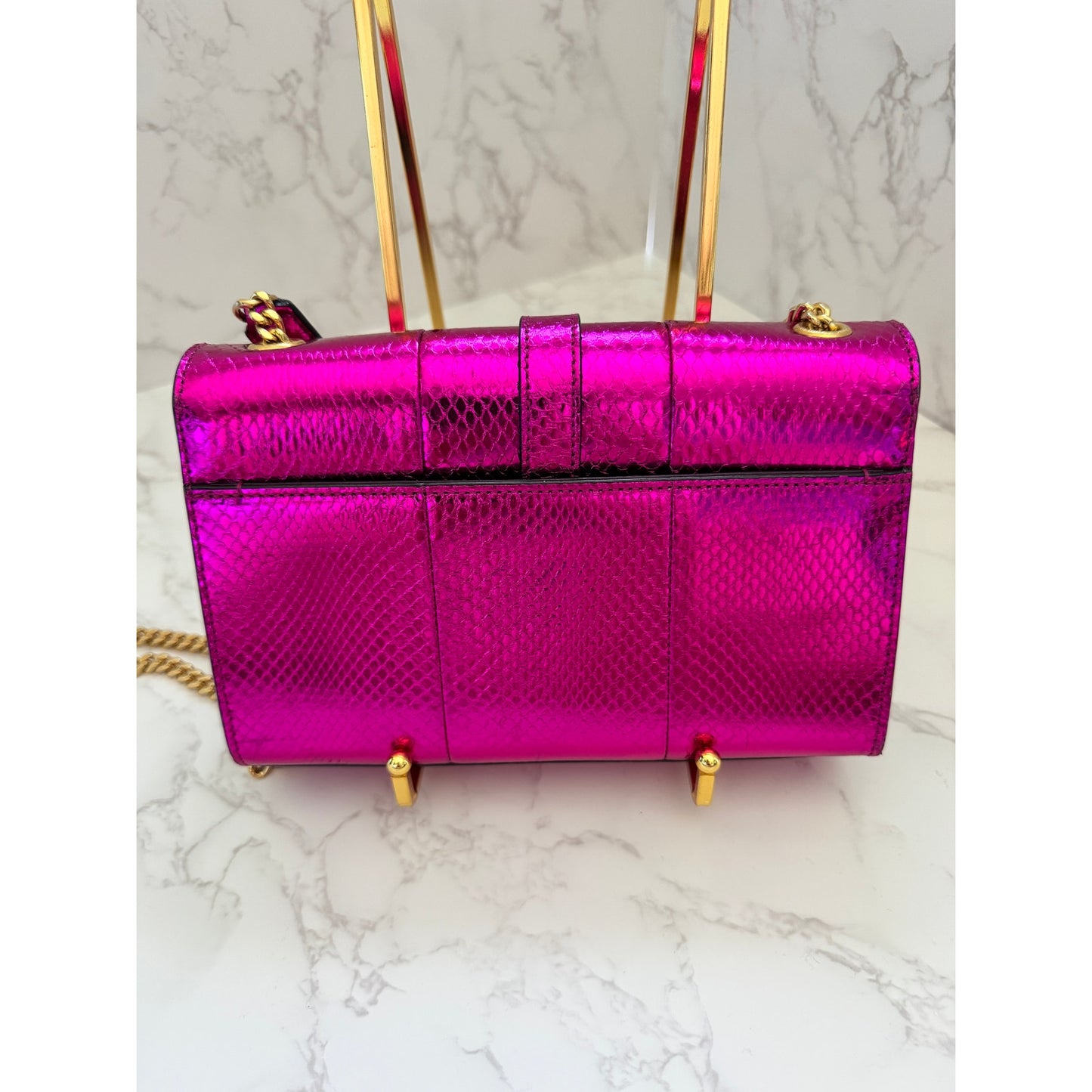YSL Metallic Small Kate Snakeskin Fuchsia Pink Chain Crossbody, Rare!