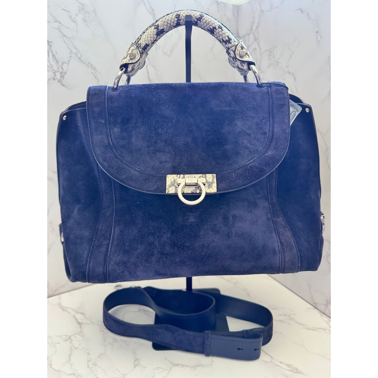 Salvatore Ferragamo Blue Suede and Exotic Python Top Handle Sophia Bag