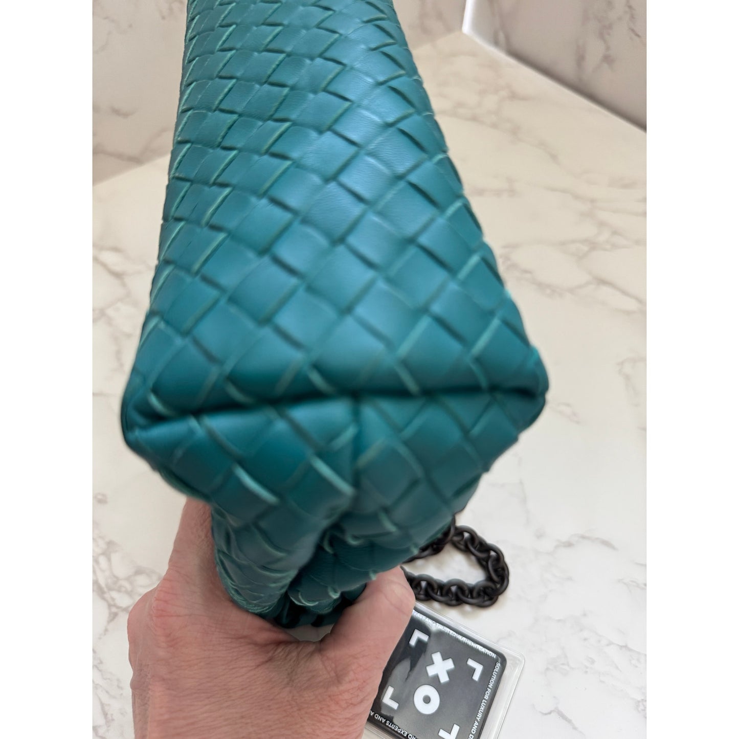 Bottega Veneta Intrecciato Olimpia Shoulder Bag in Teal Blue