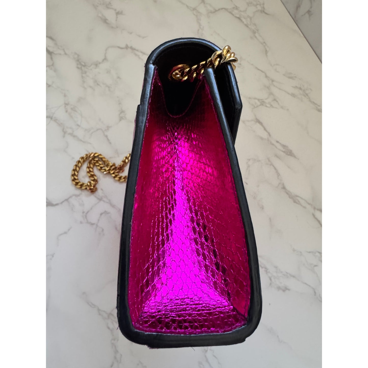 YSL Metallic Small Kate Snakeskin Fuchsia Pink Chain Crossbody, Rare!