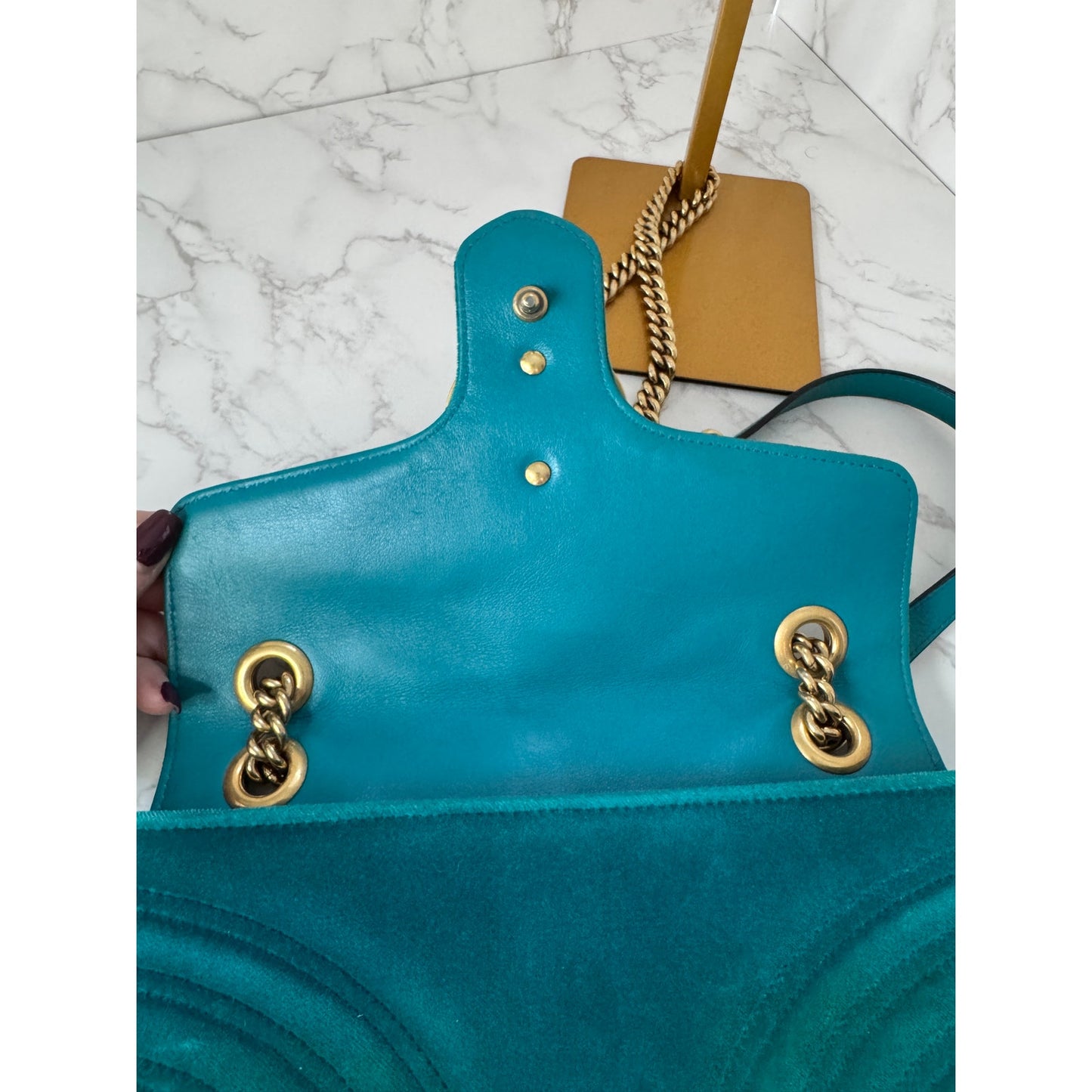 Gucci GG Marmont Velvet Shoulder Bag in a Gorgeous Green Teal Colorway