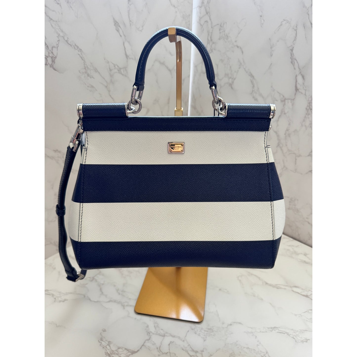 Dolce & Gabbana Siciy Striped Dauphine Leather Bag -  Navy/White