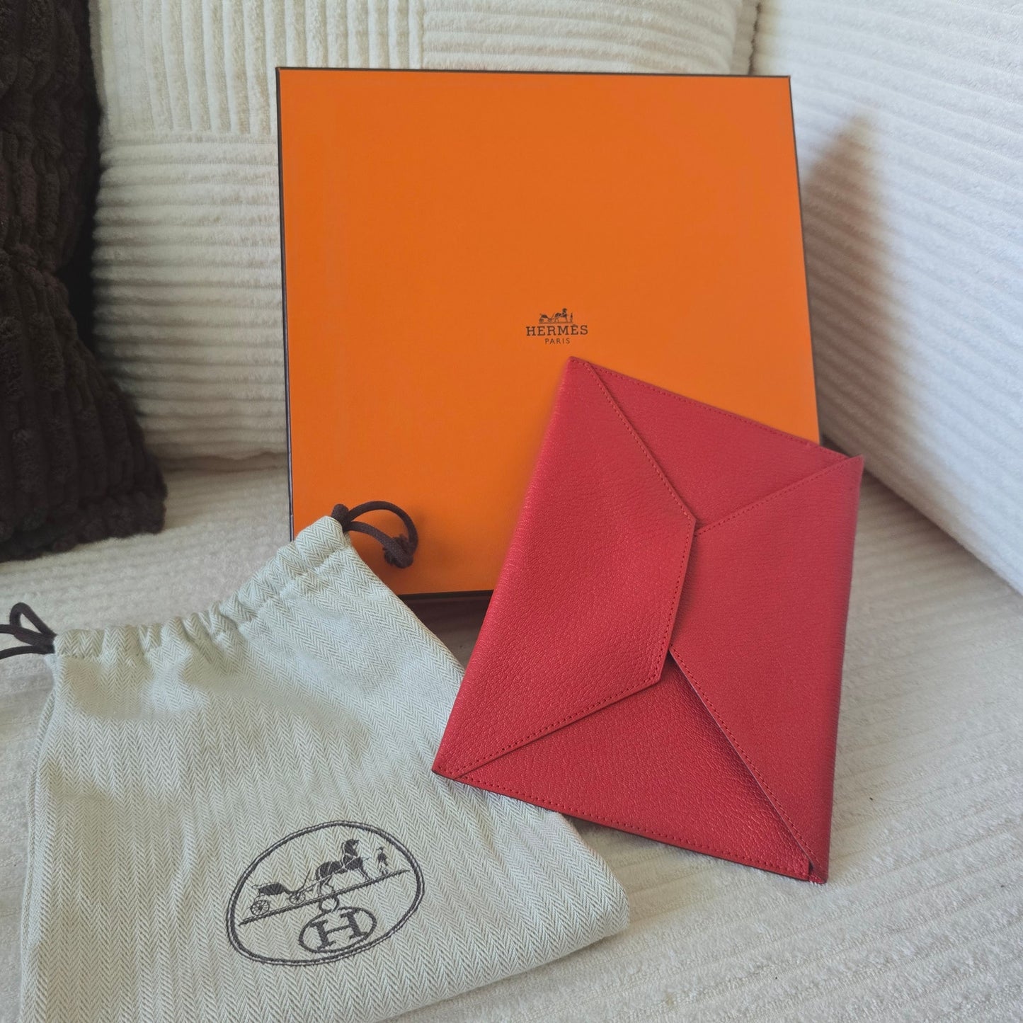 Hermès Envelope GM Leather Pouch Flat Clutch Bag Red
