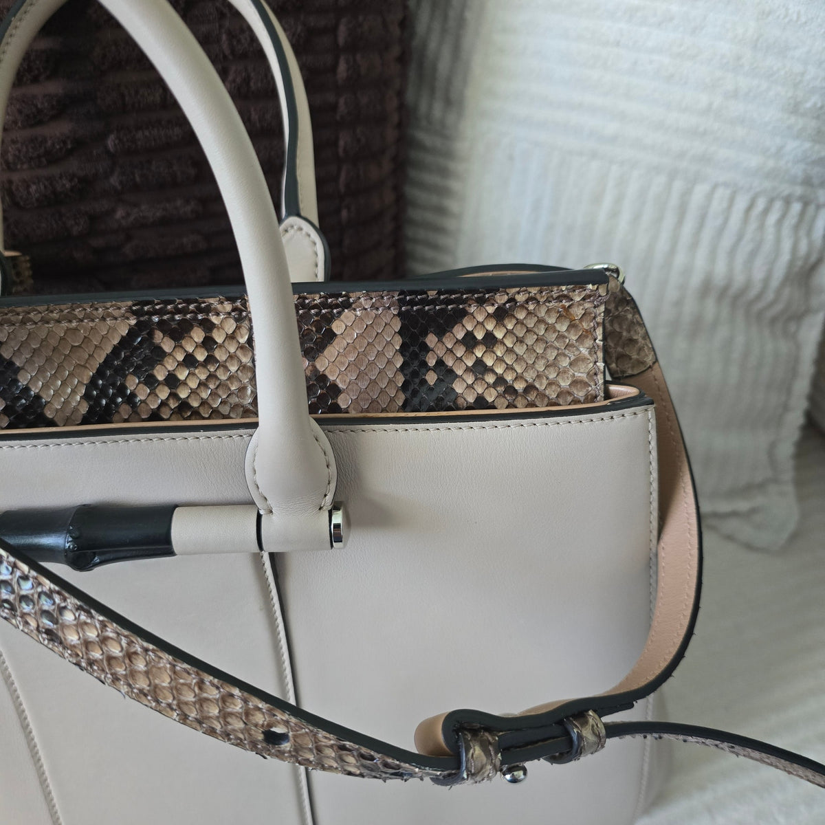 Gucci Beige Leather & Python Lady Bamboo Set + COA/Dust Bag. Like new condition