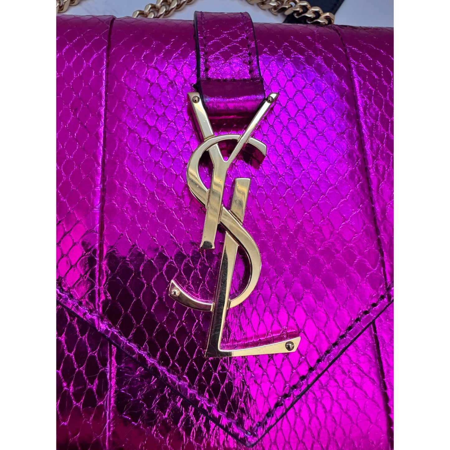 YSL Metallic Small Kate Snakeskin Fuchsia Pink Chain Crossbody, Rare!