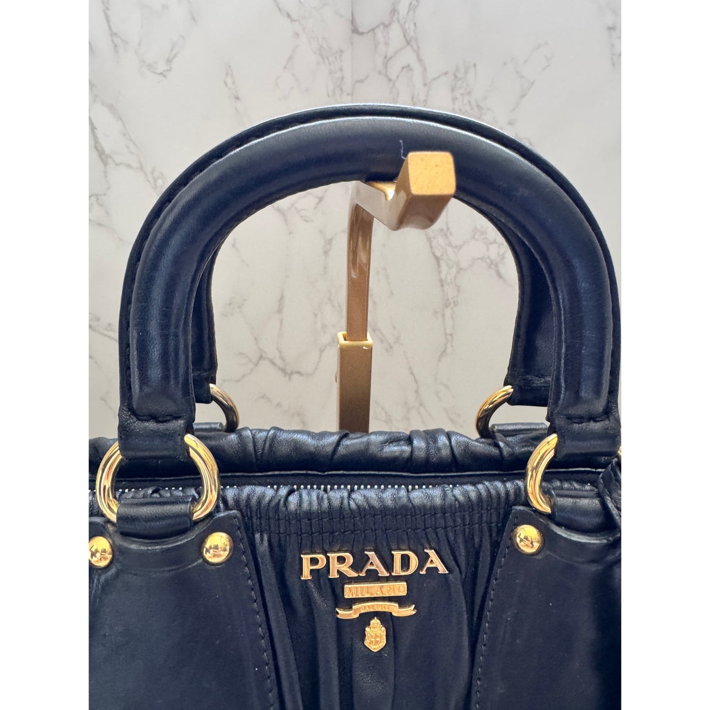 Prada Black Nappa Gaufre Ruched Leather Bag with GHW