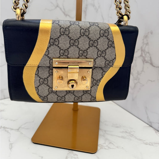 Gucci Padlock Calfskin GG Supreme Monogram Small Shoulder Bag Black Gold