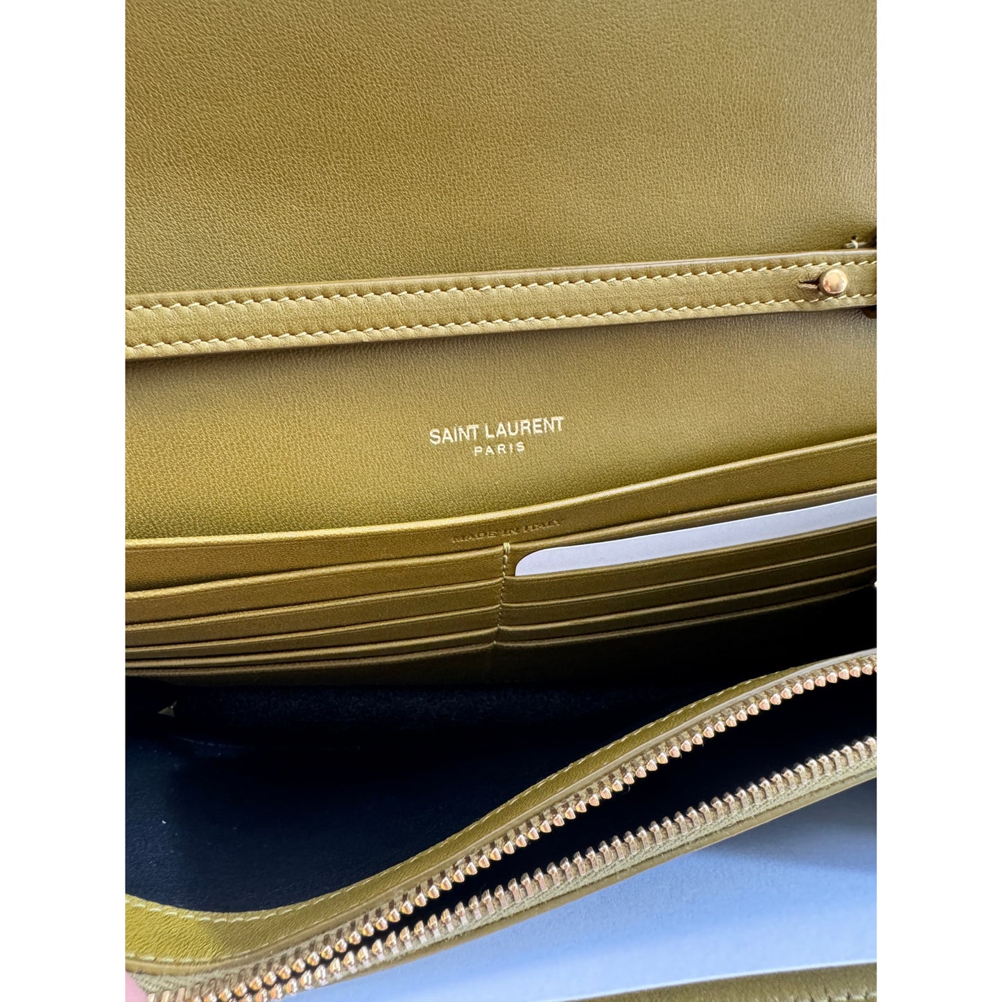 YSL Quilted Carre Cassandre Chain Wallet in Olive Green