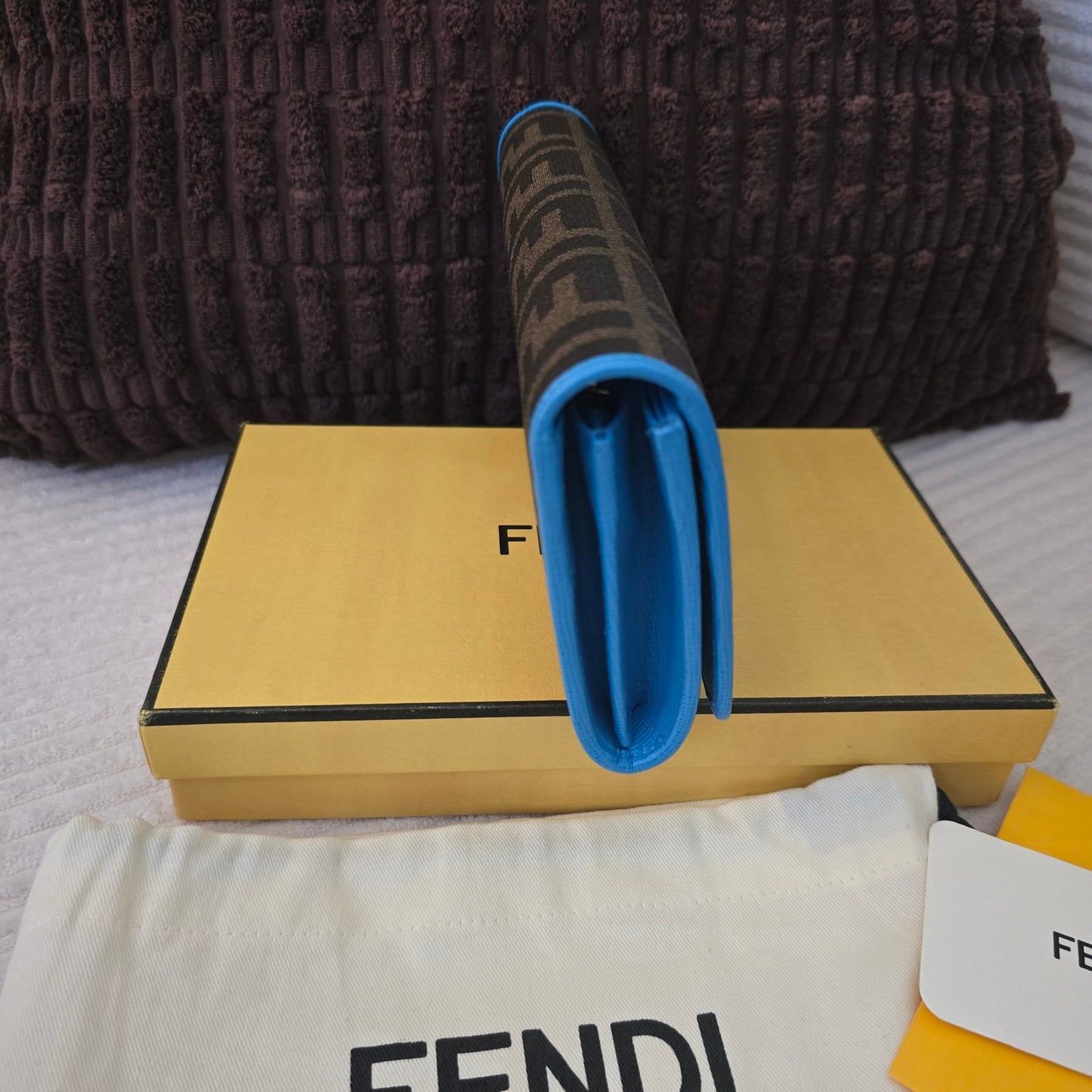 Fendi Zucca FF Monogram Continental Long Wallet Blue Leather Trim Box NWT