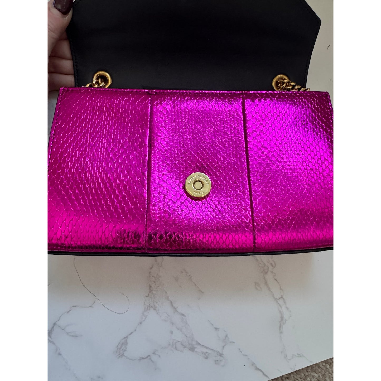 YSL Metallic Small Kate Snakeskin Fuchsia Pink Chain Crossbody, Rare!