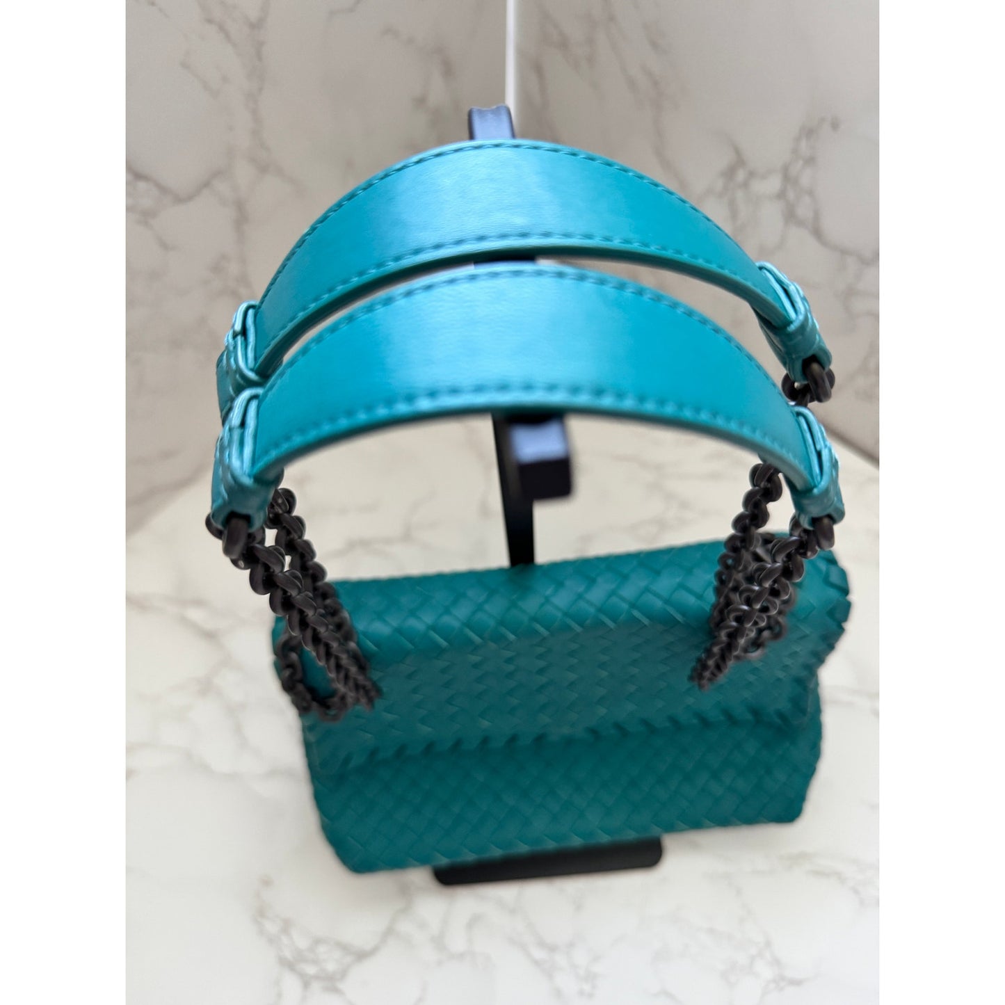 Bottega Veneta Intrecciato Olimpia Shoulder Bag in Teal Blue